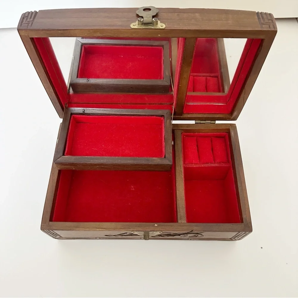 Wooden Carved Jewelry Box with Brass Latch Vintage